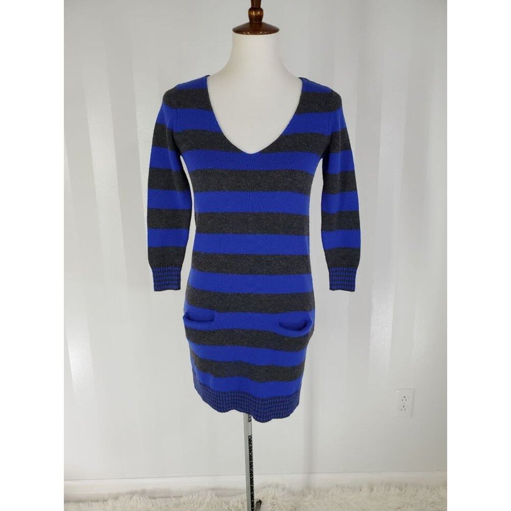 Express Blue & Gray Striped V-Neck Sweater Tunic 3/4 Sleeve Sz S